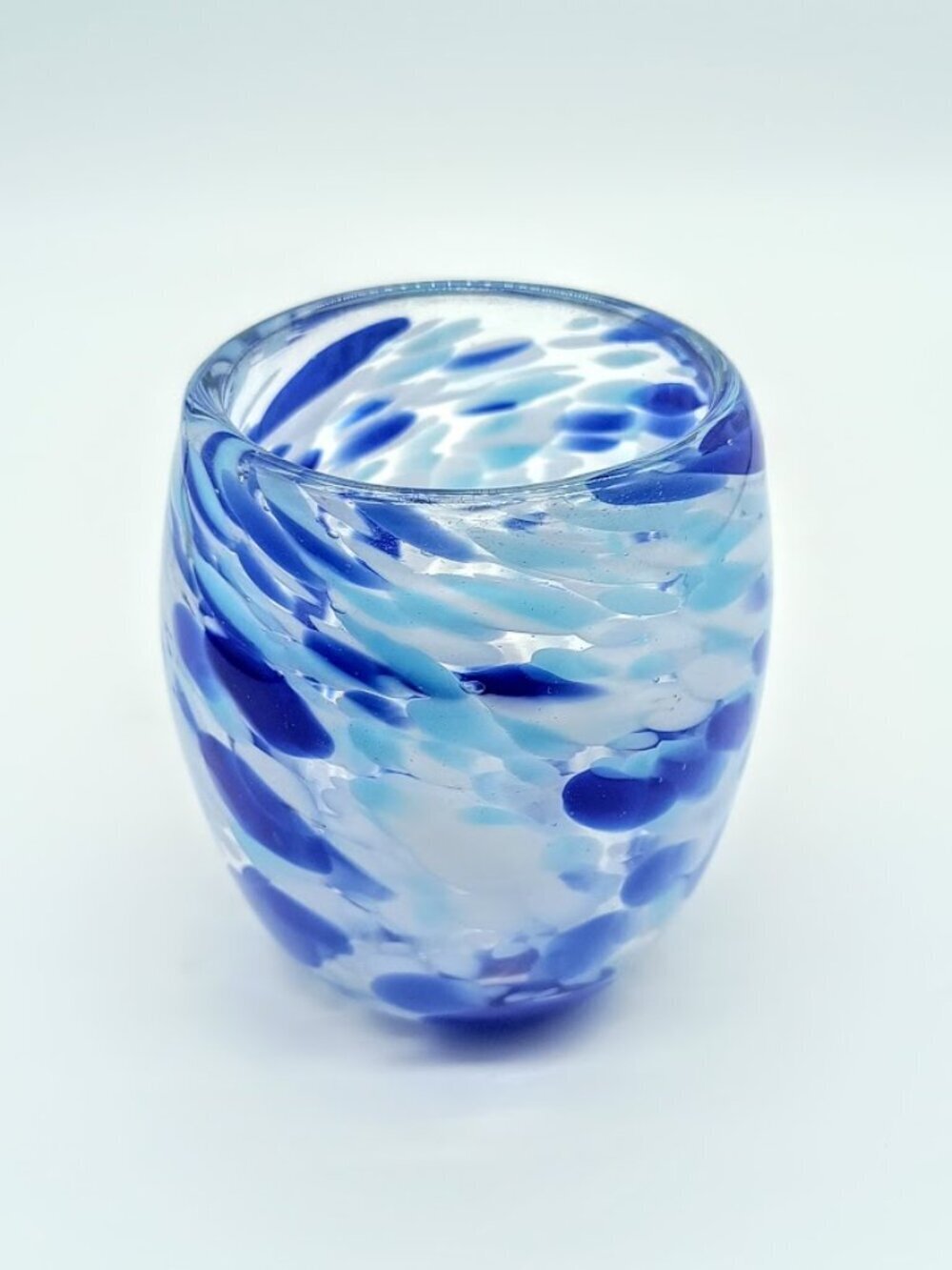 Blue White Artisan Glass Votive Candle Holder - Signed